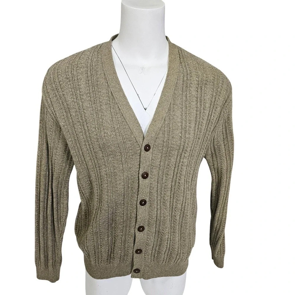 Oscar De La Renta XL Rib Knit Cardigan Sweater Beige Grandpa Quiet Luxury Y2K